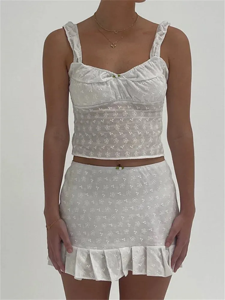 JuliaFashion - Y2K Lace Strap Backless Tie-up Camis High Waist Skirts Suits