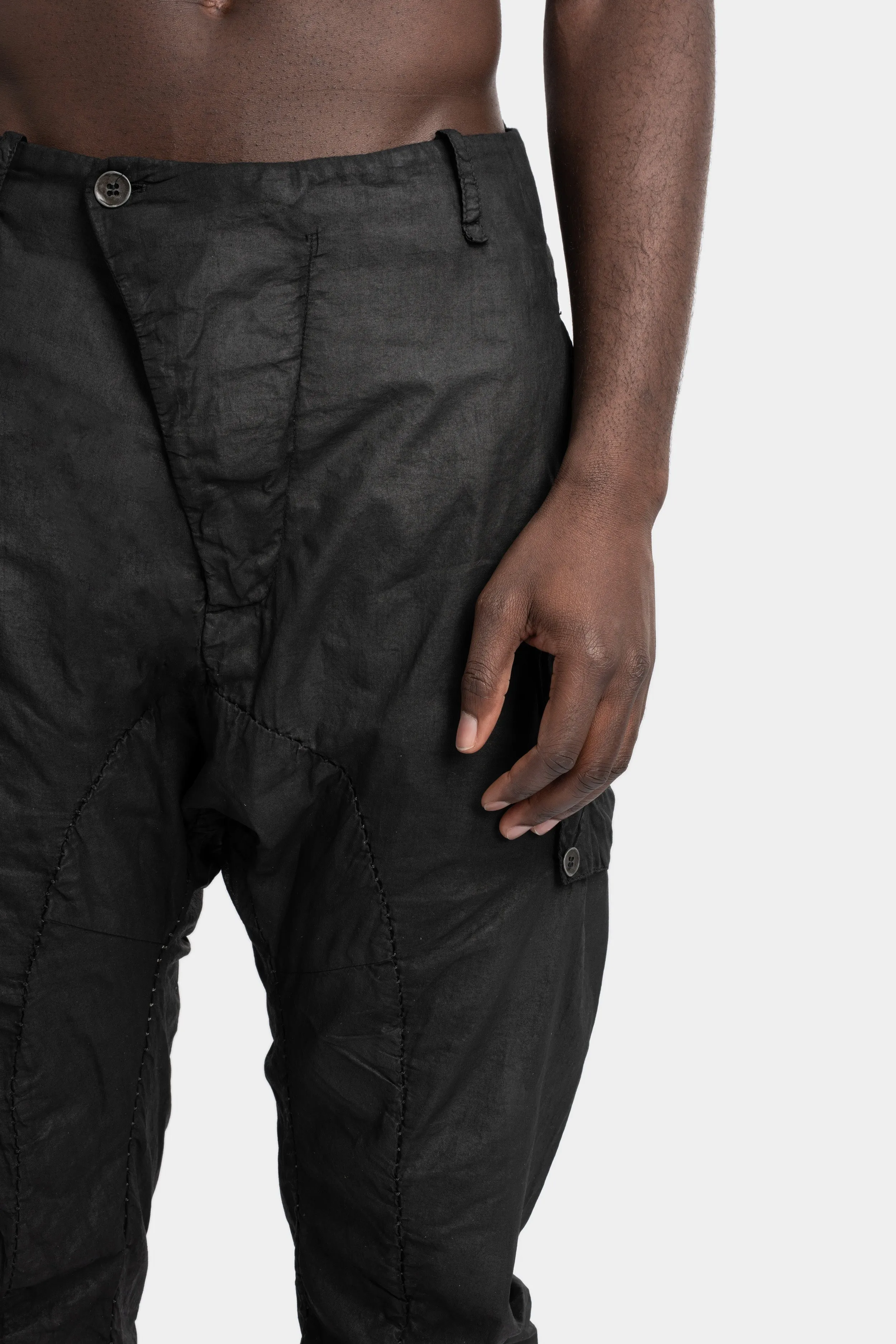 Lightweight cotton gauze pants, Leather effect