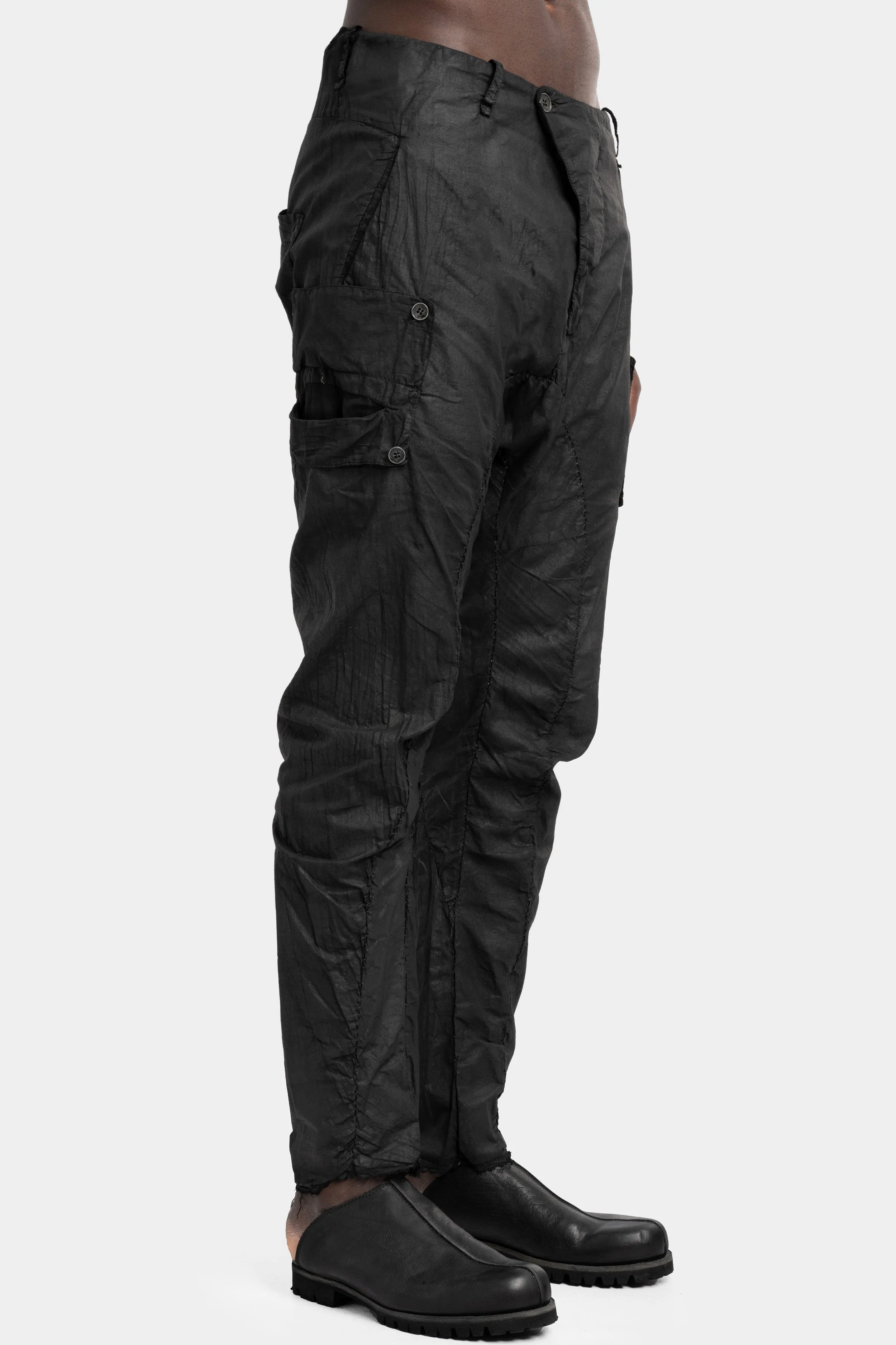 Lightweight cotton gauze pants, Leather effect