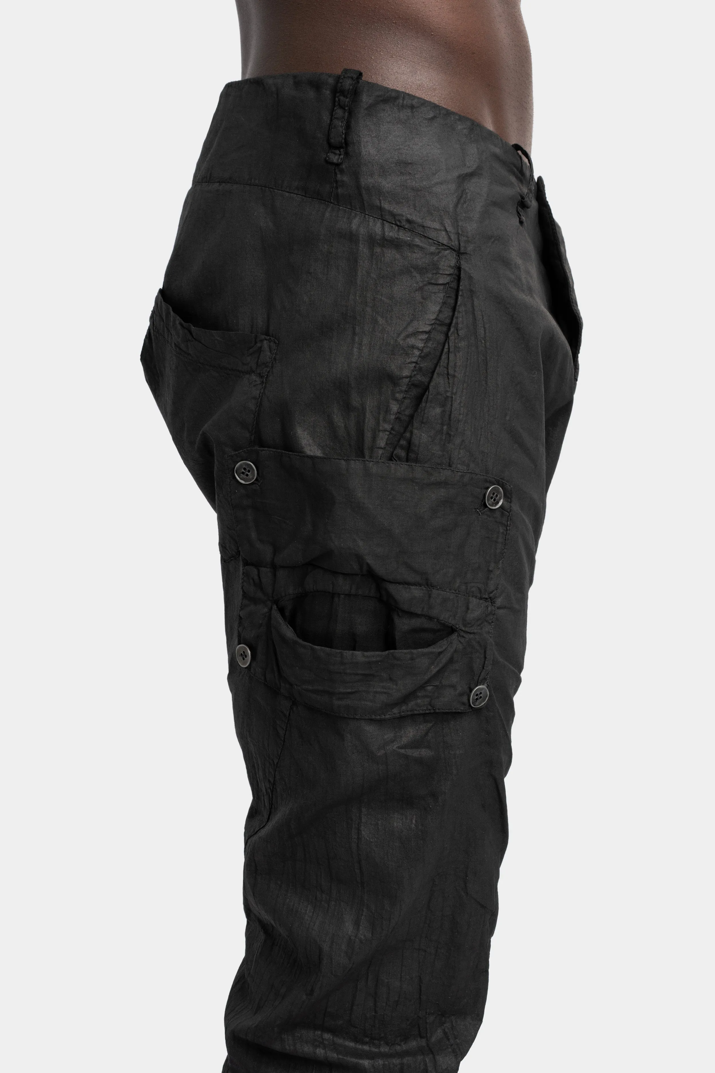Lightweight cotton gauze pants, Leather effect