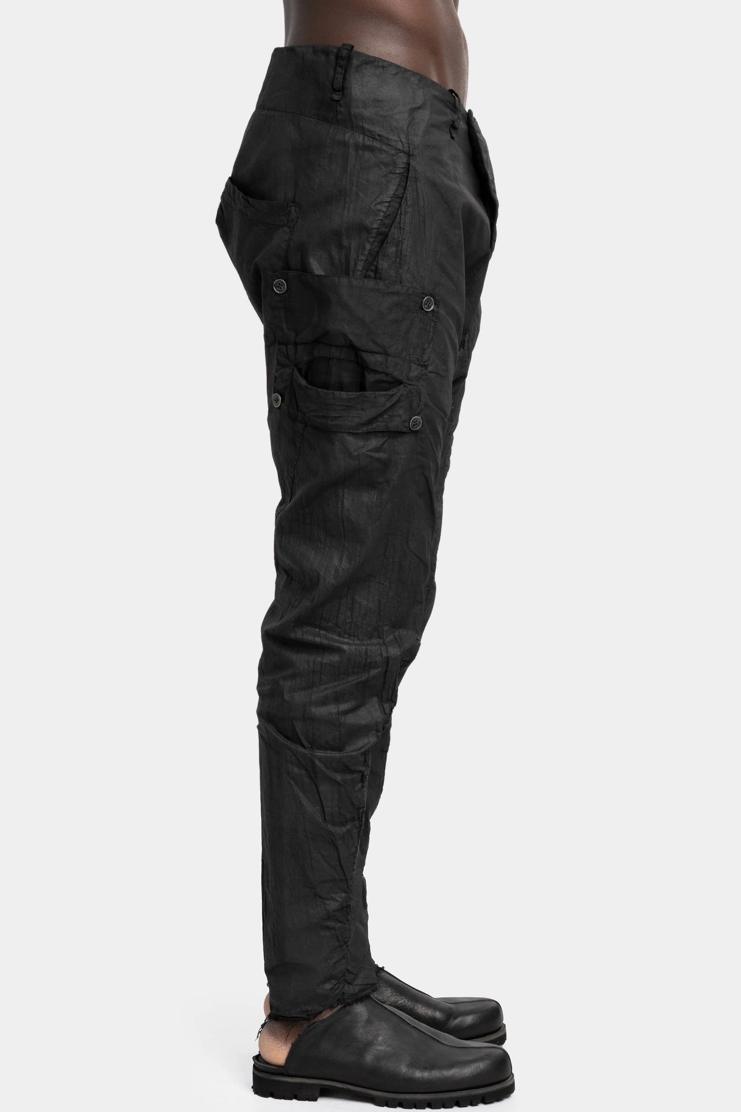 Lightweight cotton gauze pants, Leather effect