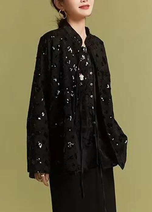 Loose Black Chinese Button Sequins Coats Fall AB1008