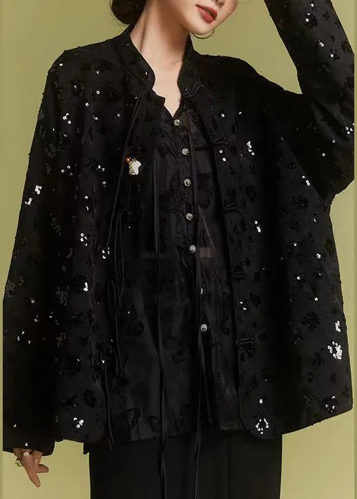 Loose Black Chinese Button Sequins Coats Fall AB1008