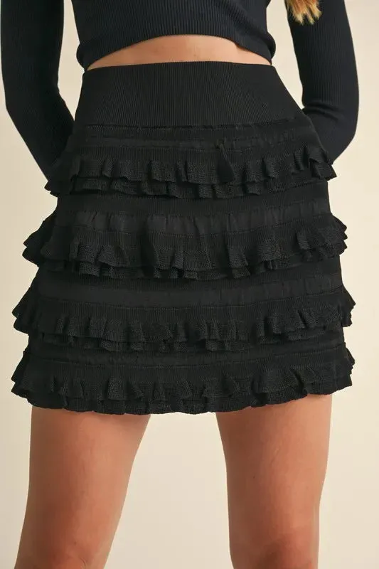 MABLE Ruffled Detail High Waist Knit Mini Skirt In Black
