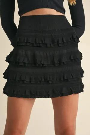 MABLE Ruffled Detail High Waist Knit Mini Skirt In Black