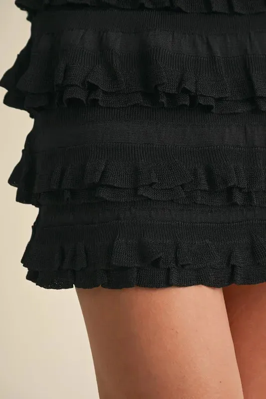 MABLE Ruffled Detail High Waist Knit Mini Skirt In Black