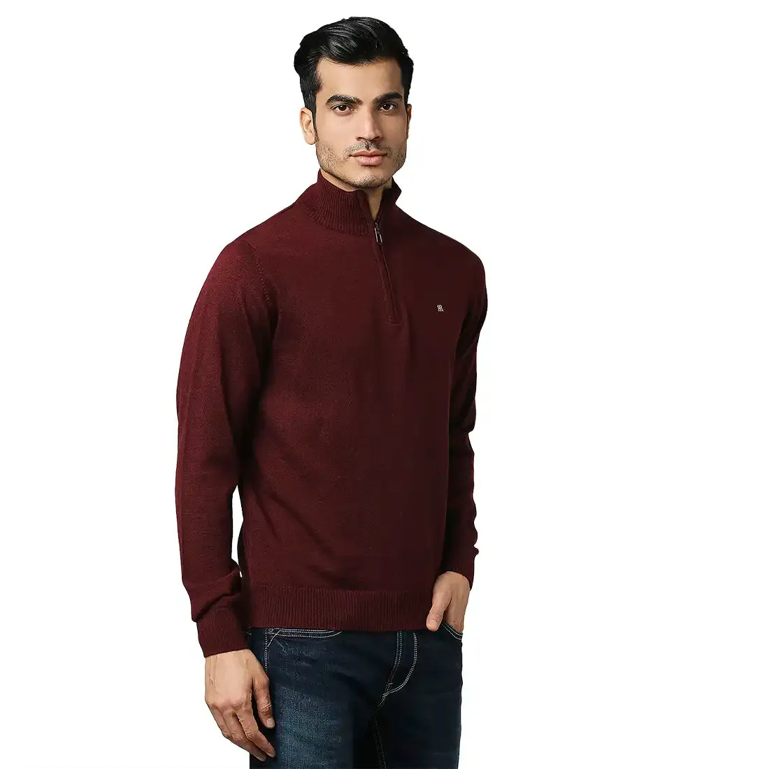 Men Maroon Contemporary Fit Acrylic Wool Blend Crew Neck Collar Sweaters