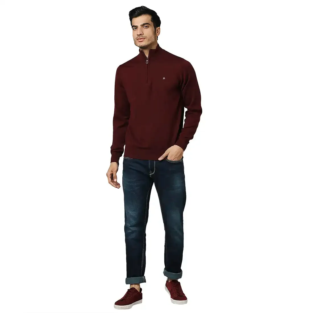 Men Maroon Contemporary Fit Acrylic Wool Blend Crew Neck Collar Sweaters
