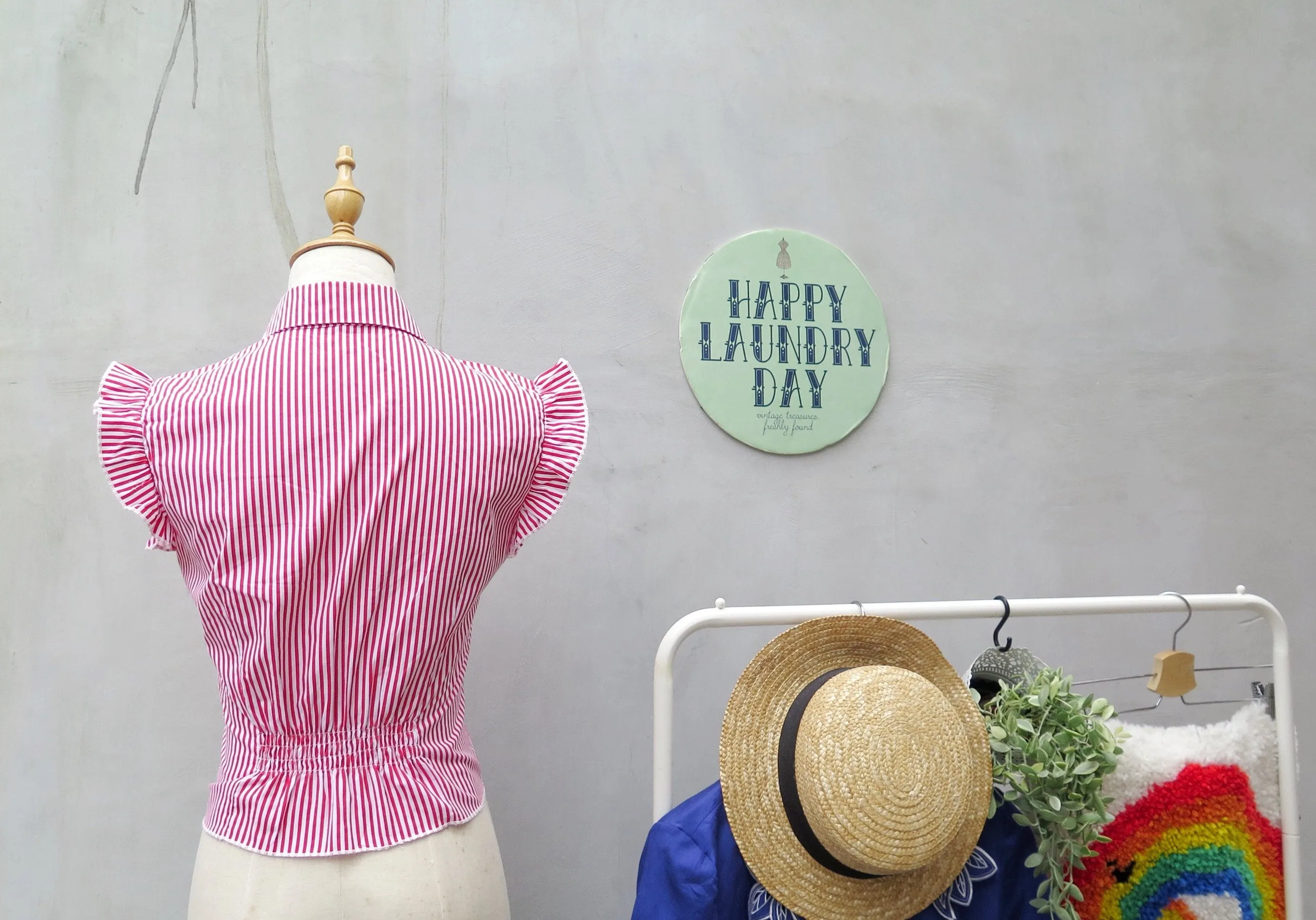 New year Hooray! | Vintage 1960s 1970s Vertical red white stripes Tie-front Shirt blouse