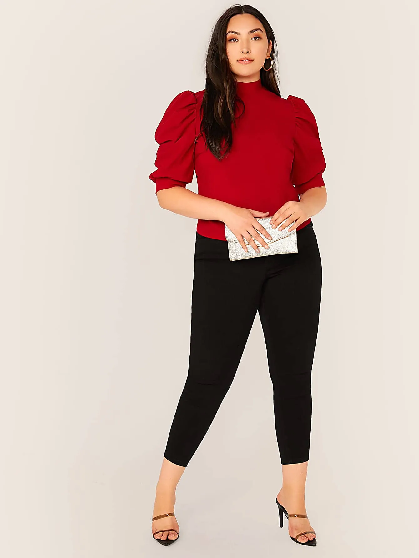 Plain Button Short Sleeve Stand Collar Regular Plus Size Blouse