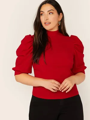 Plain Button Short Sleeve Stand Collar Regular Plus Size Blouse