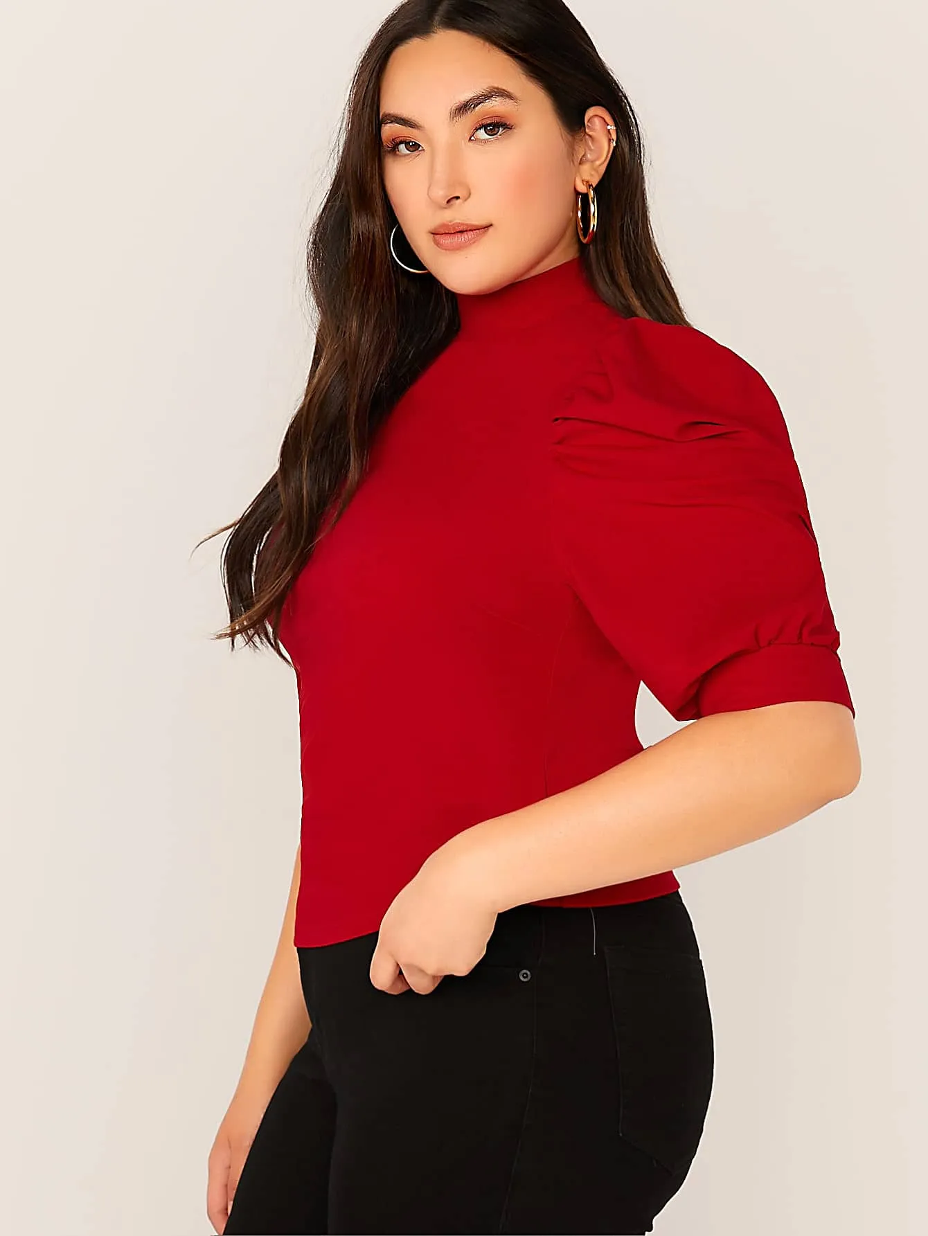 Plain Button Short Sleeve Stand Collar Regular Plus Size Blouse