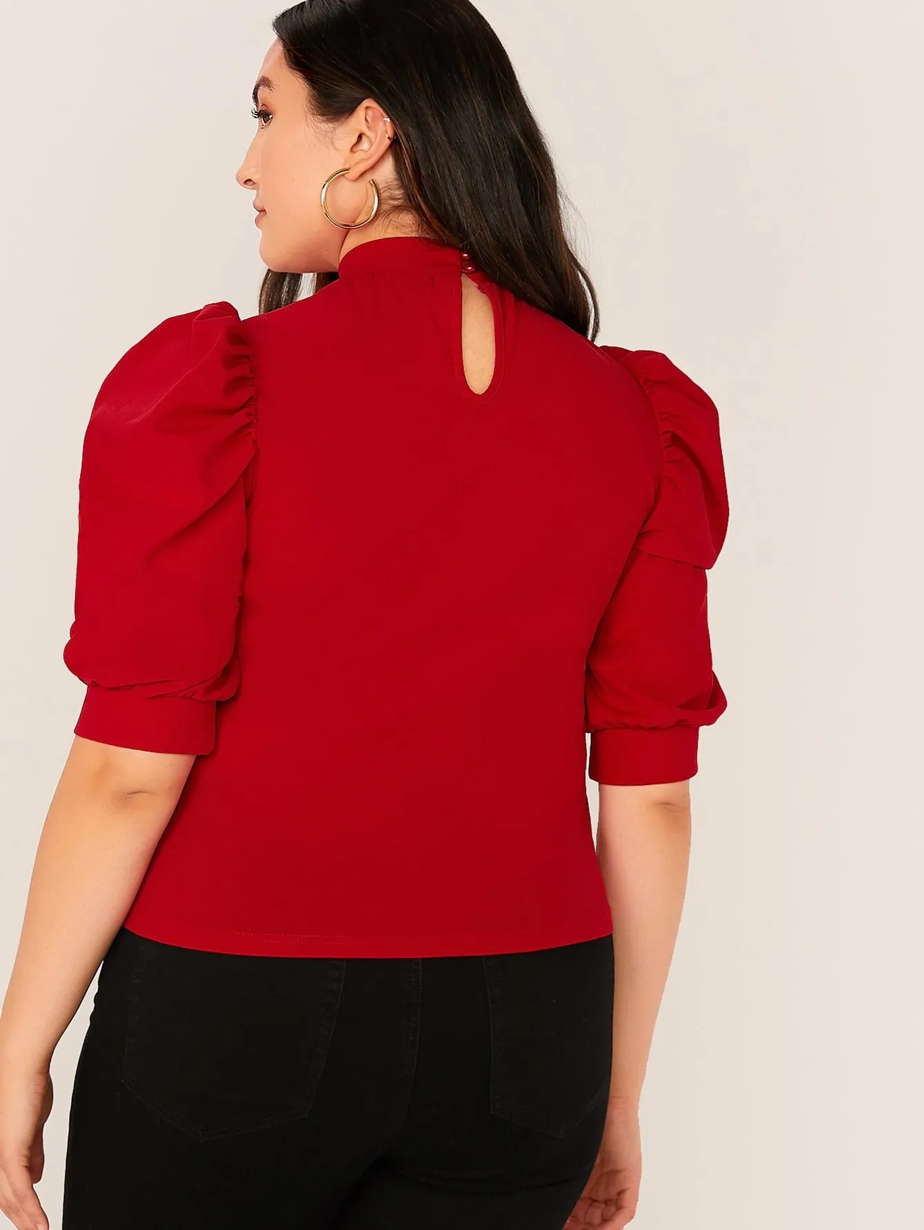 Plain Button Short Sleeve Stand Collar Regular Plus Size Blouse