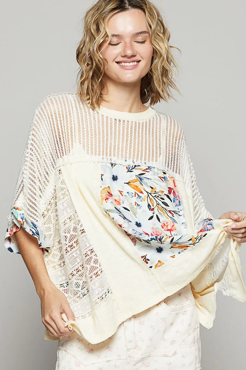 POL Hollow Out Floral Half Sleeve Knit Top In Cream