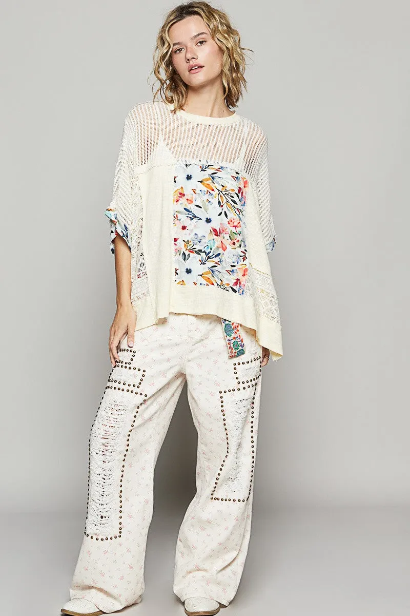 POL Hollow Out Floral Half Sleeve Knit Top In Cream