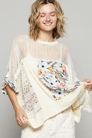 POL Hollow Out Floral Half Sleeve Knit Top In Cream