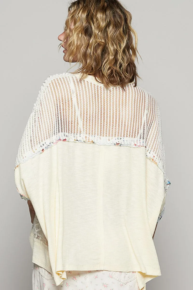 POL Hollow Out Floral Half Sleeve Knit Top In Cream