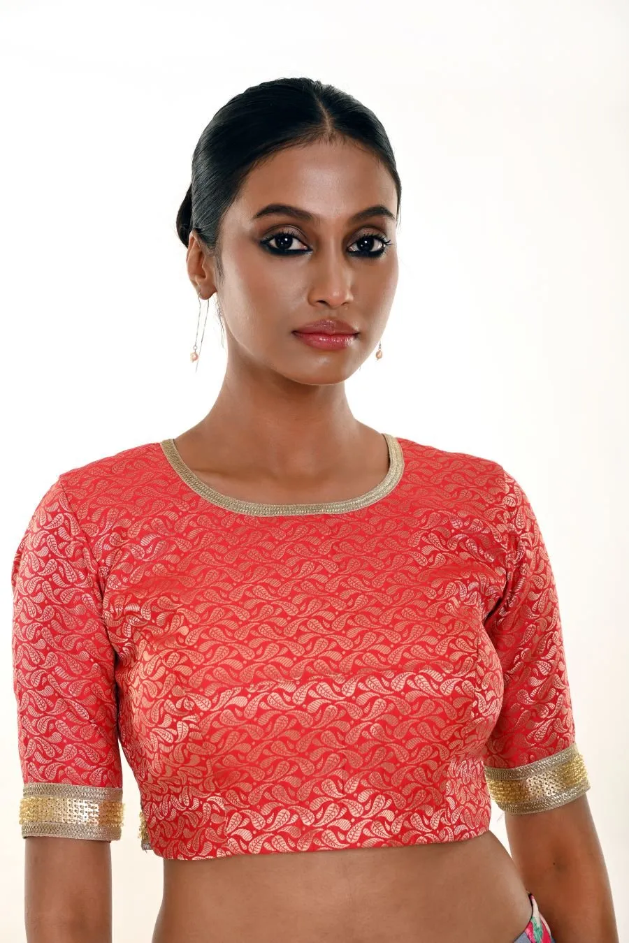 Red Blouse in Brocade Silk with Gold Embroidered Border
