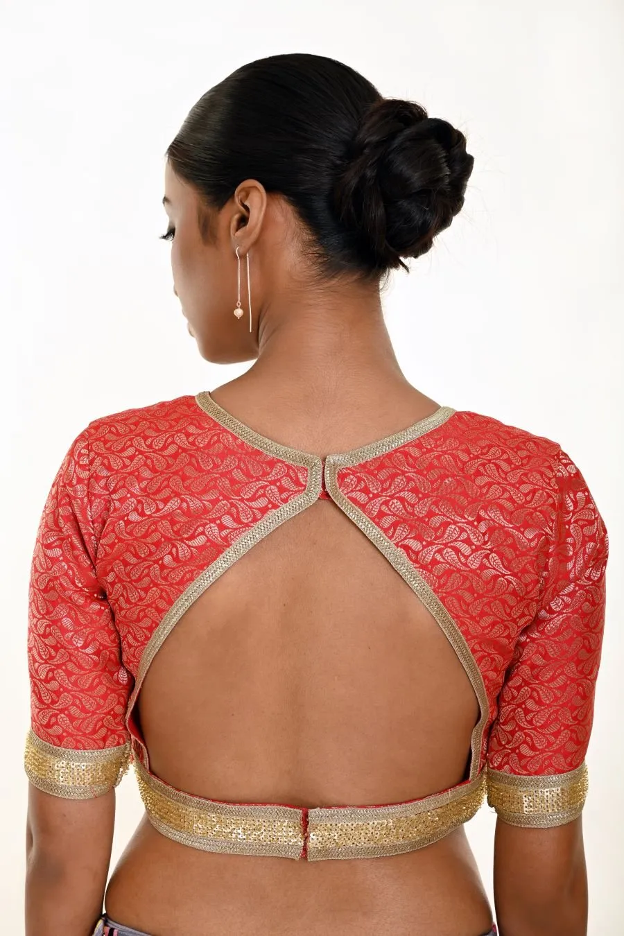 Red Blouse in Brocade Silk with Gold Embroidered Border