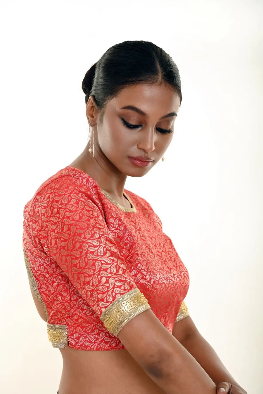 Red Blouse in Brocade Silk with Gold Embroidered Border