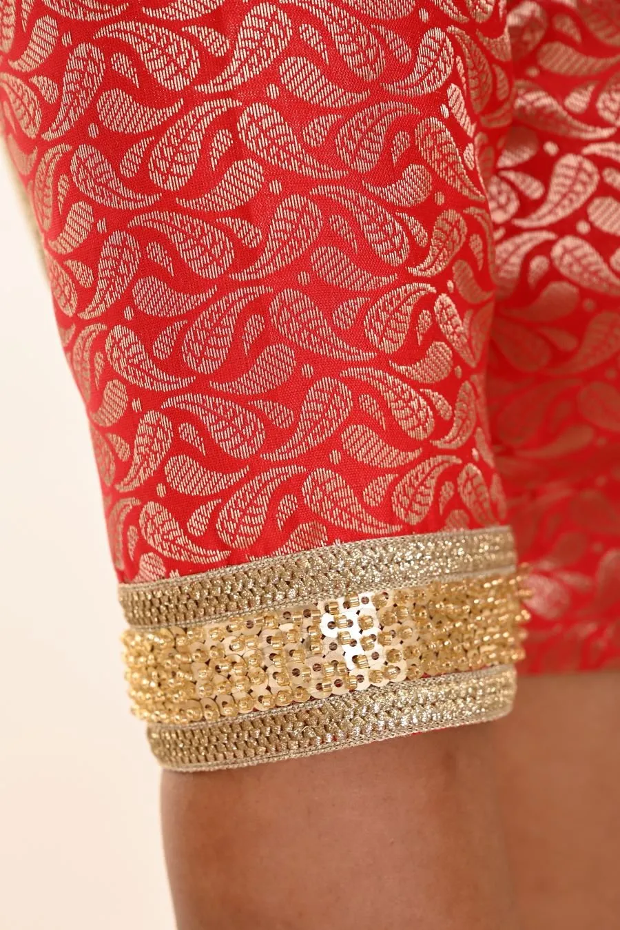 Red Blouse in Brocade Silk with Gold Embroidered Border