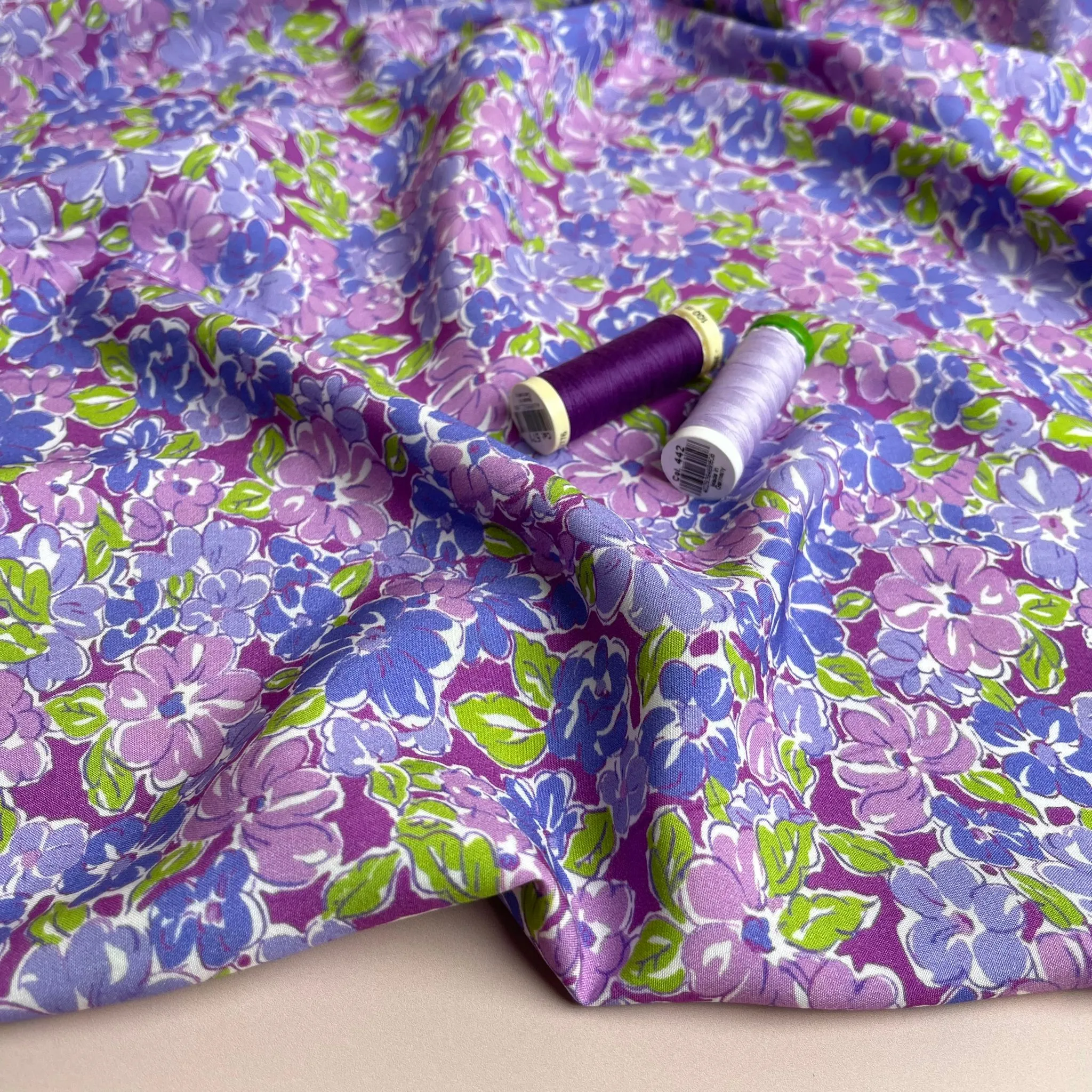 REMNANT 0.95 Metre - Meadow Flowers in Purple and Green Viscose Fabric