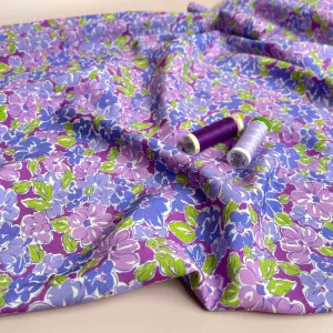 REMNANT 0.95 Metre - Meadow Flowers in Purple and Green Viscose Fabric