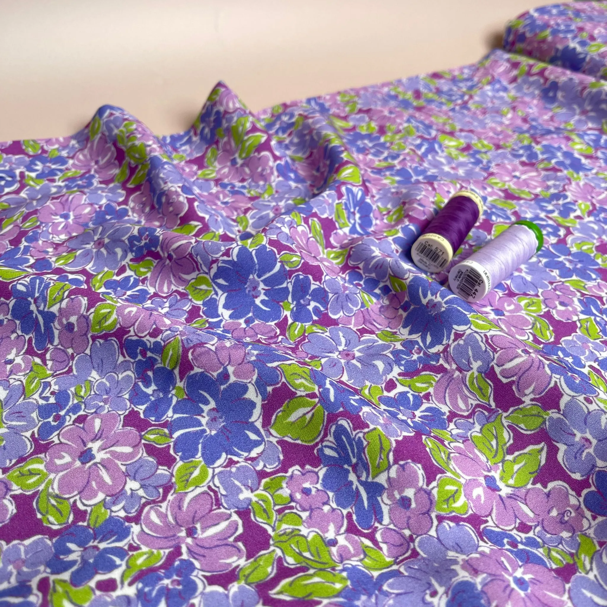 REMNANT 0.95 Metre - Meadow Flowers in Purple and Green Viscose Fabric
