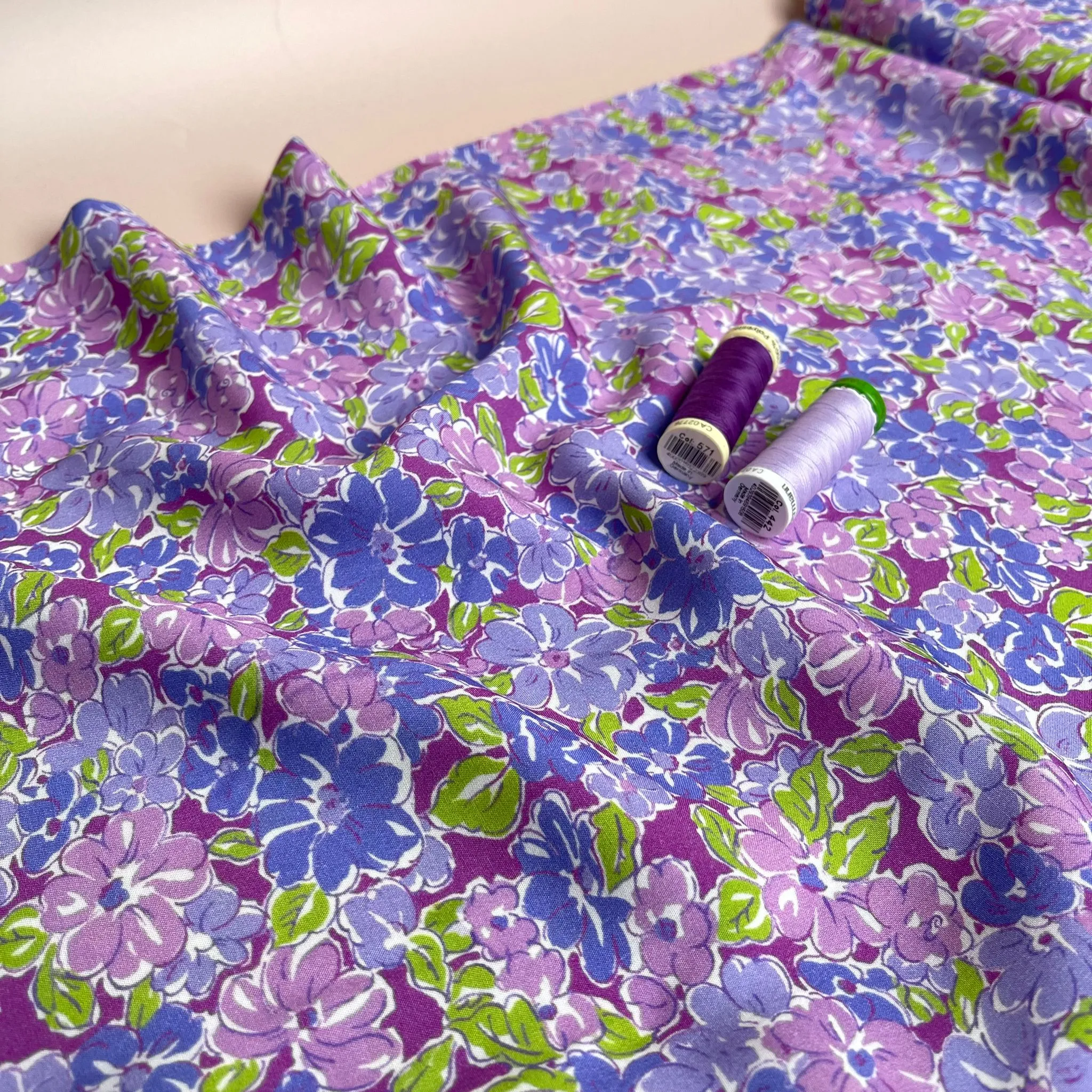 REMNANT 0.95 Metre - Meadow Flowers in Purple and Green Viscose Fabric