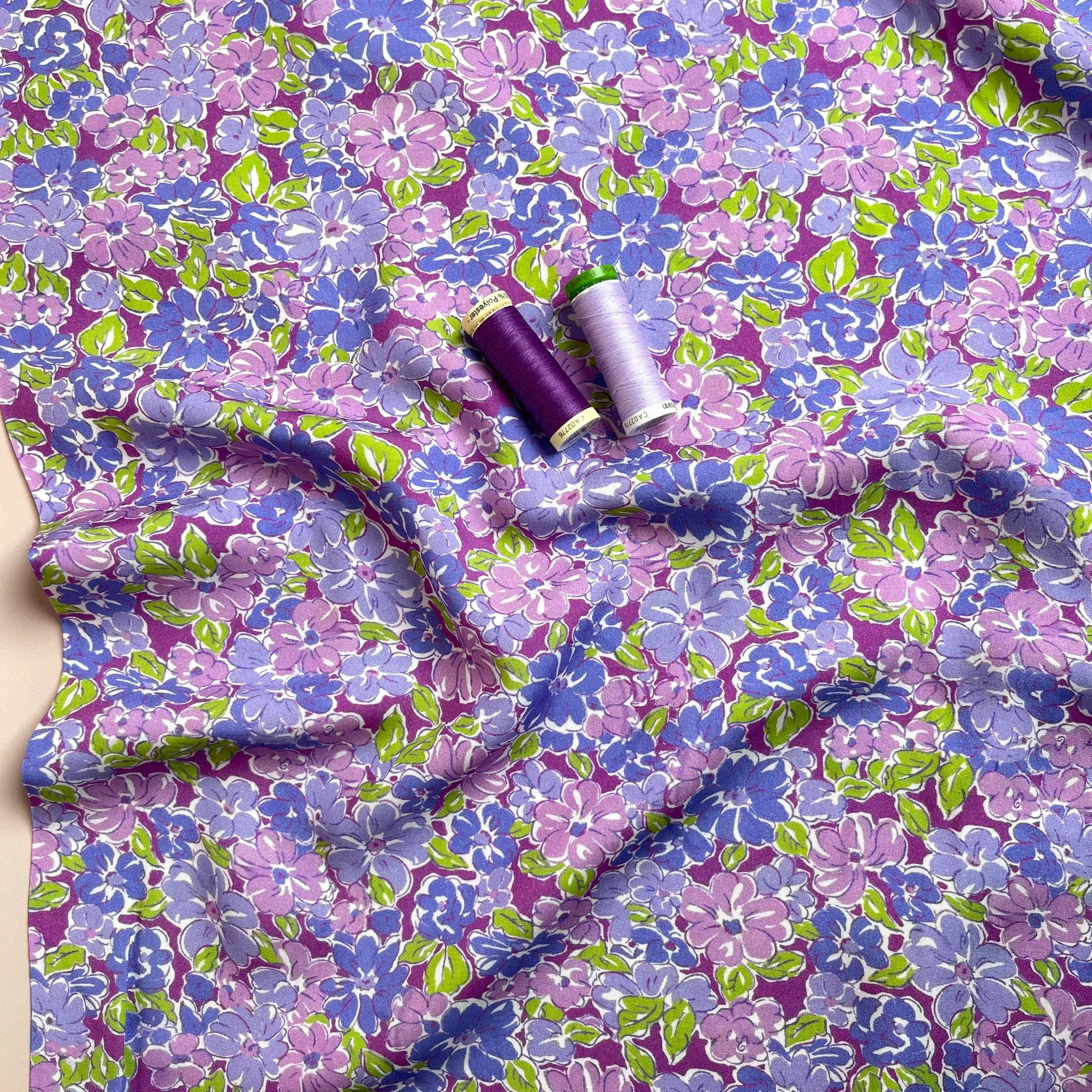 REMNANT 0.95 Metre - Meadow Flowers in Purple and Green Viscose Fabric