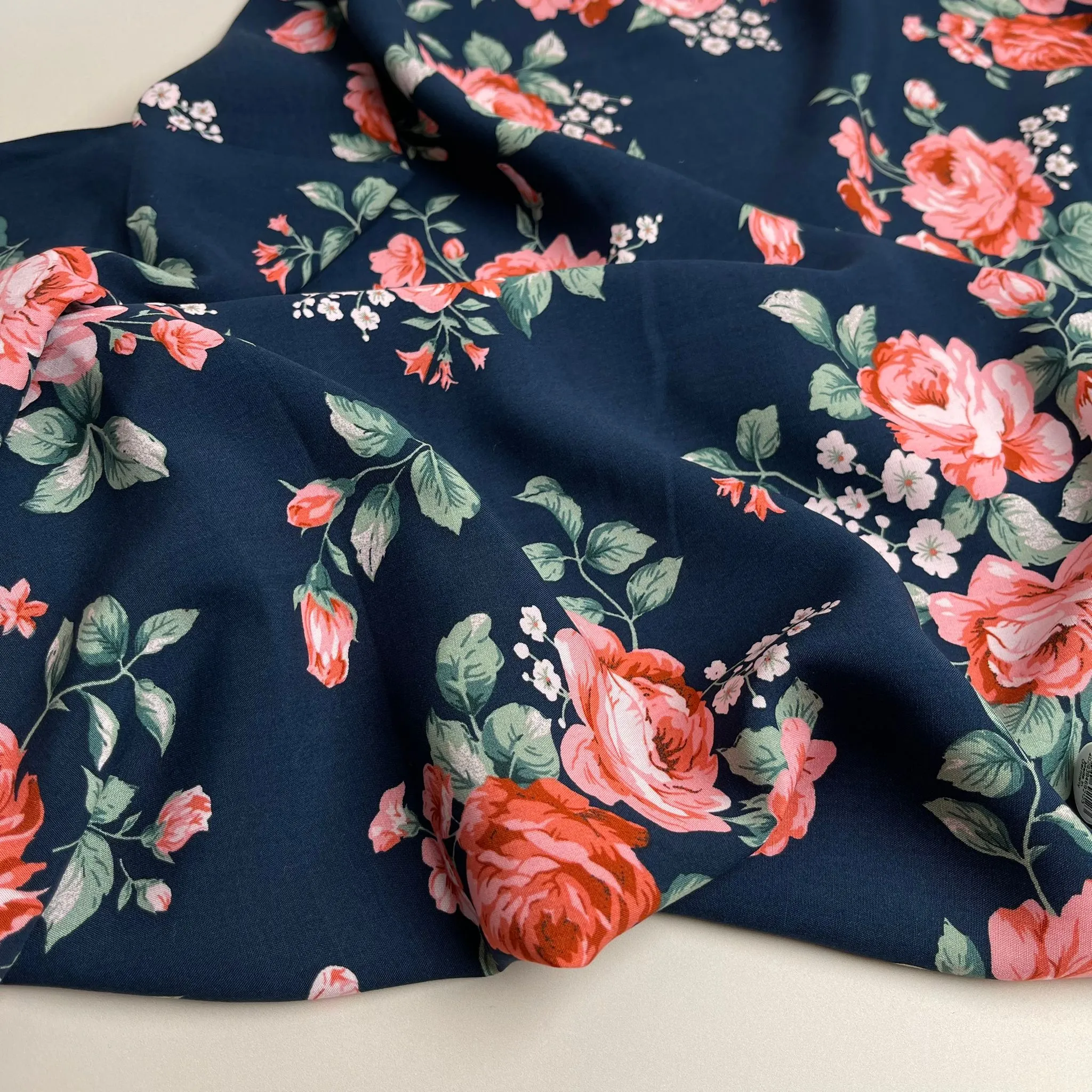 Roses on Navy Viscose Fabric
