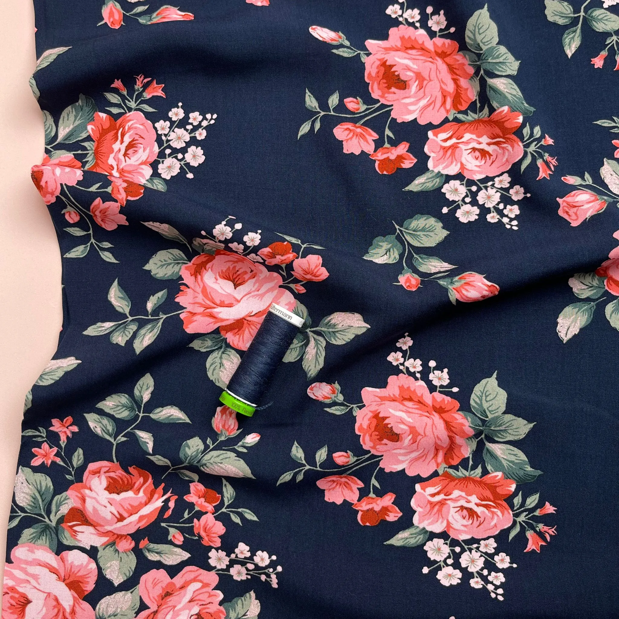 Roses on Navy Viscose Fabric