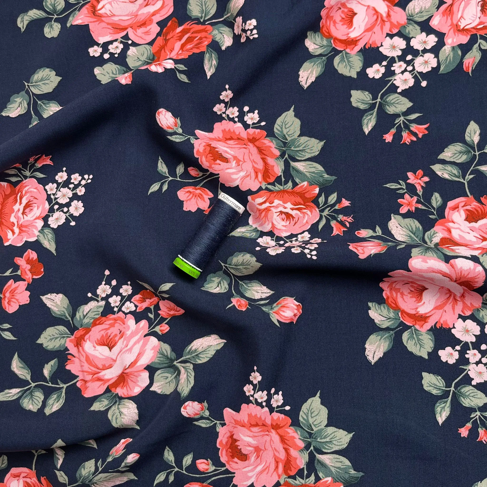 Roses on Navy Viscose Fabric