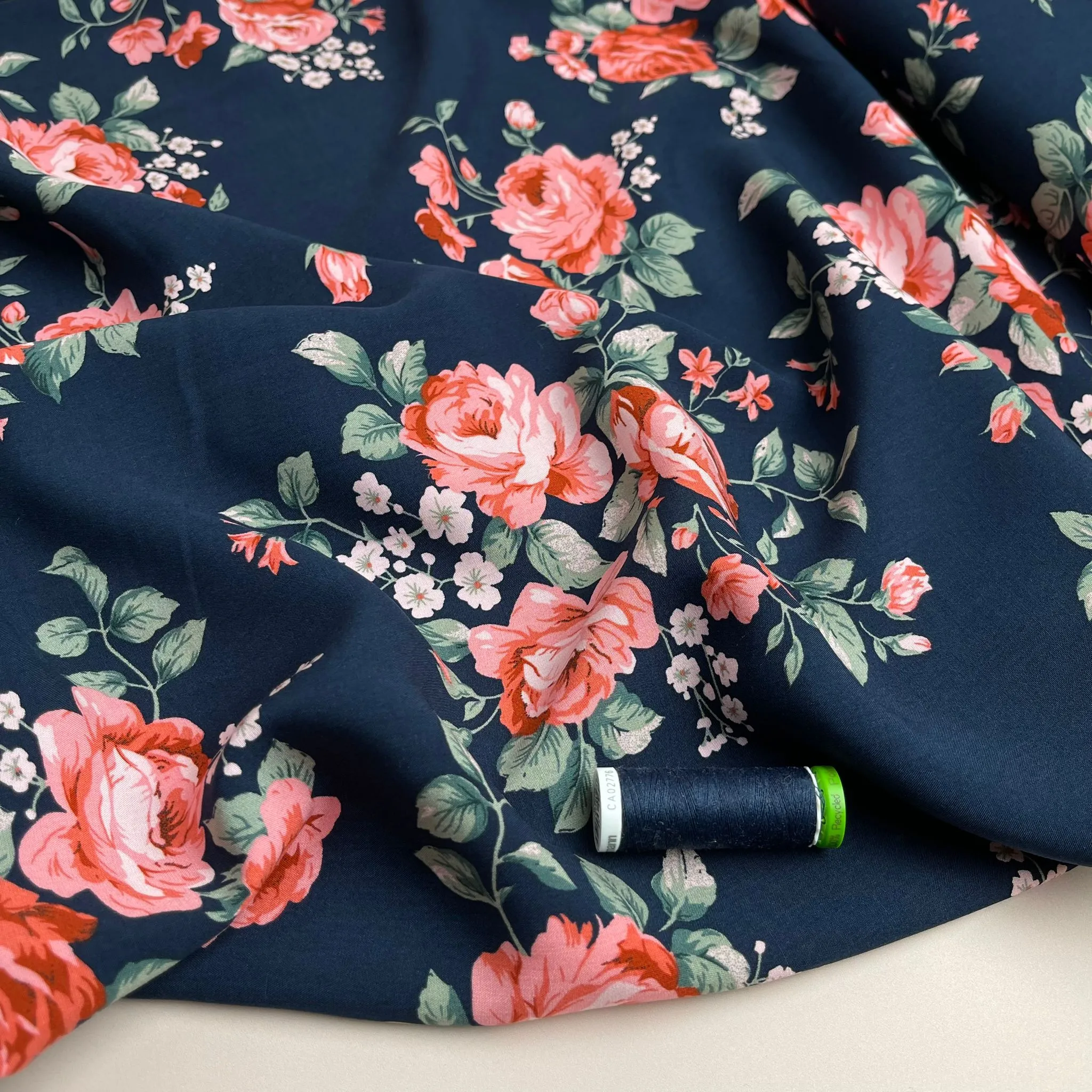 Roses on Navy Viscose Fabric