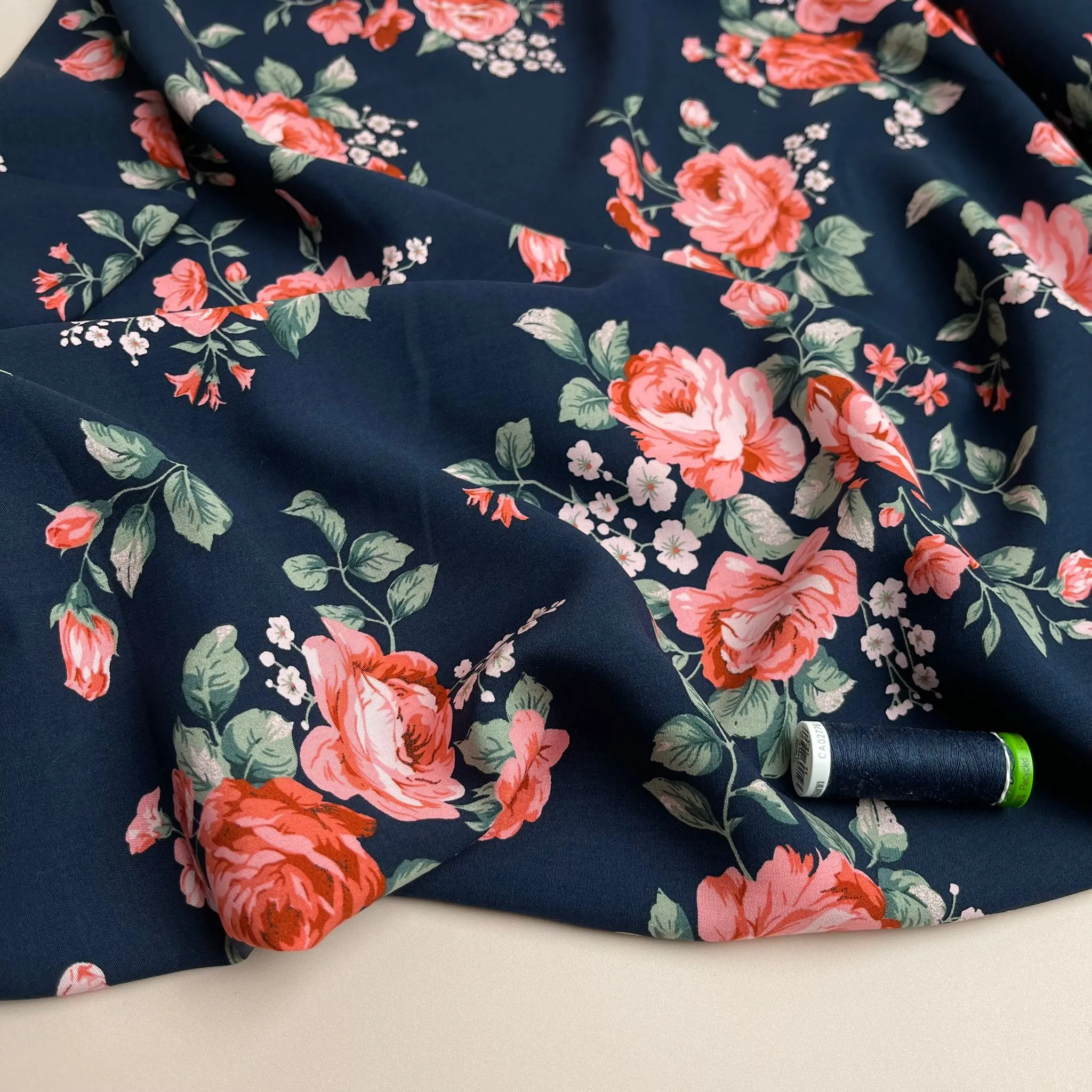 Roses on Navy Viscose Fabric