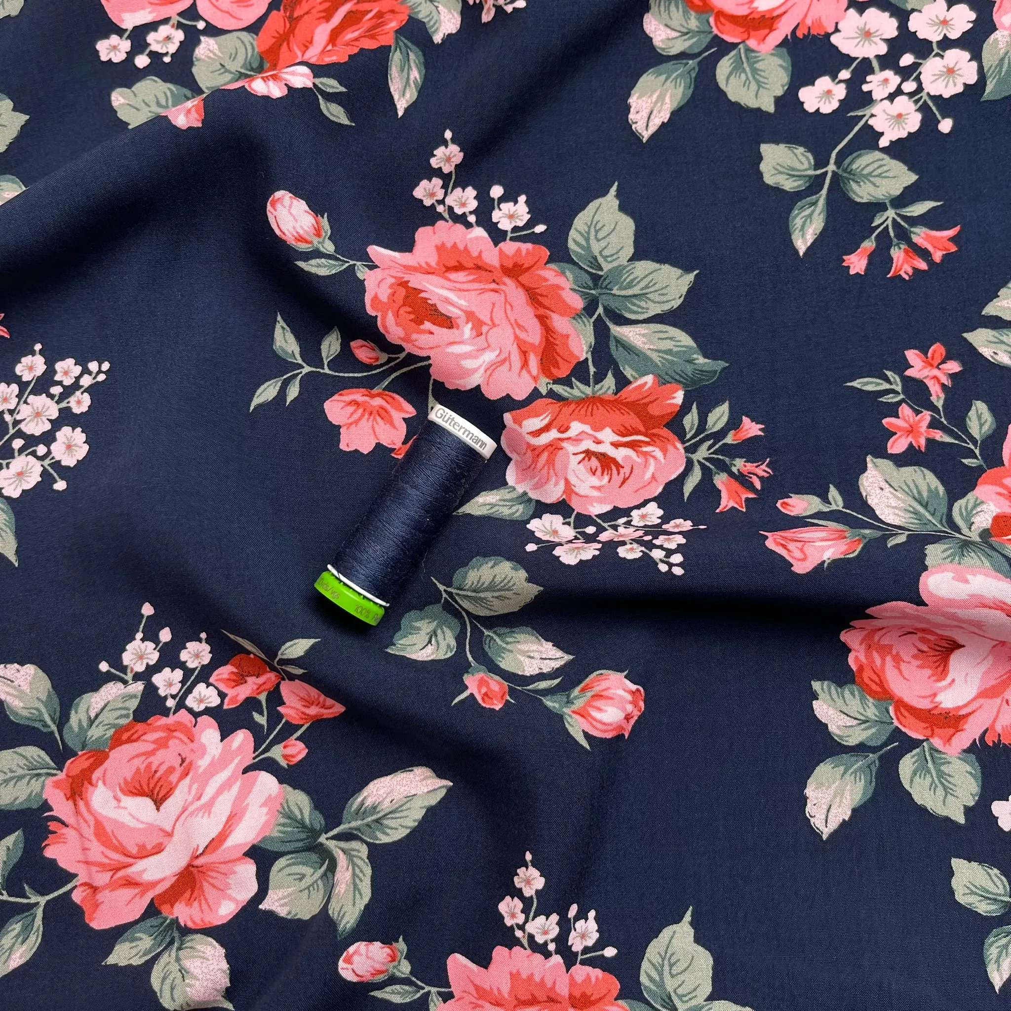 Roses on Navy Viscose Fabric