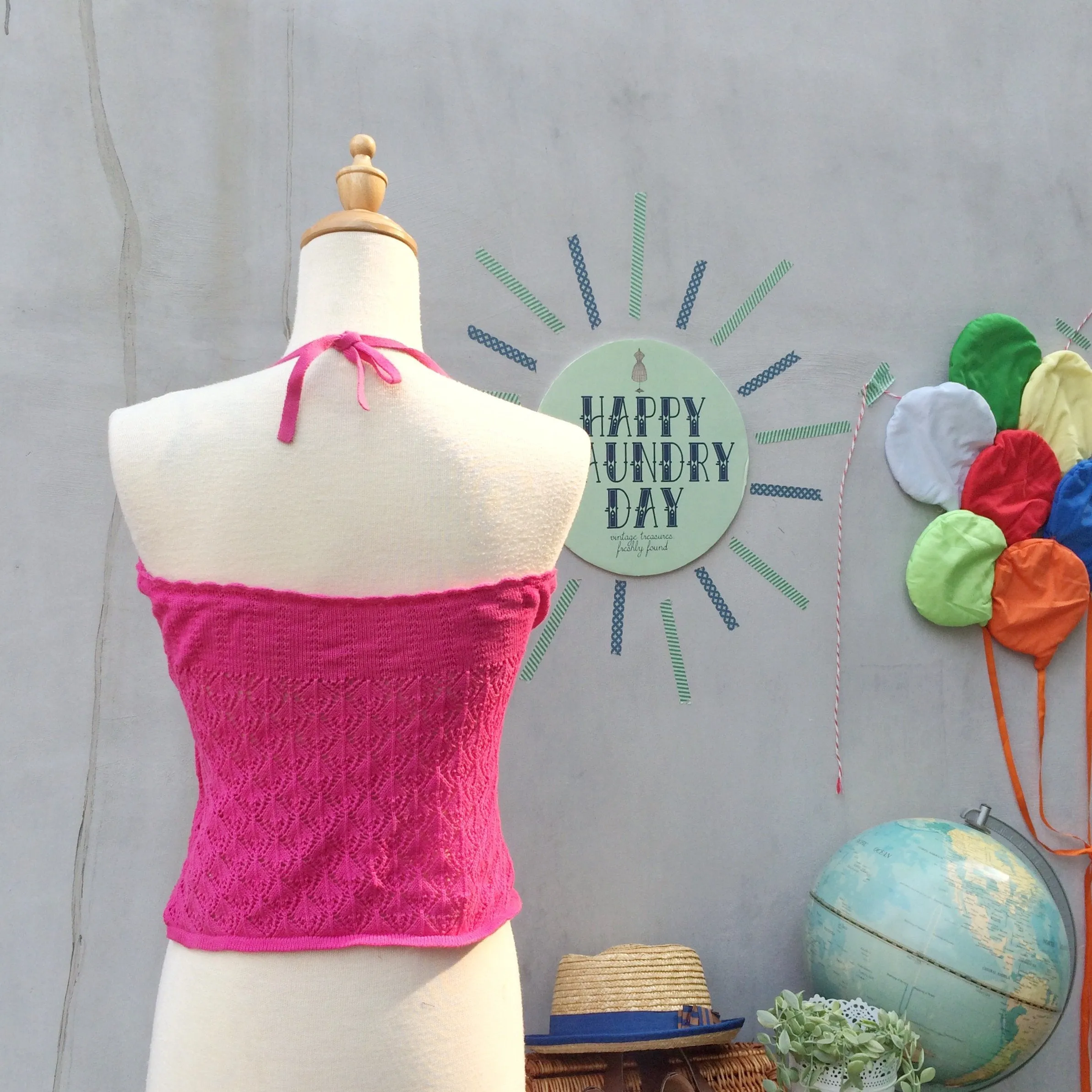 SALE | Back to the Fuchsia | Vintage 1960s 1970s crochet Scallop hem Halter neck Lace top