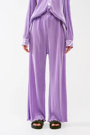 Satin Pleated Wide Leg Pants In Lilac