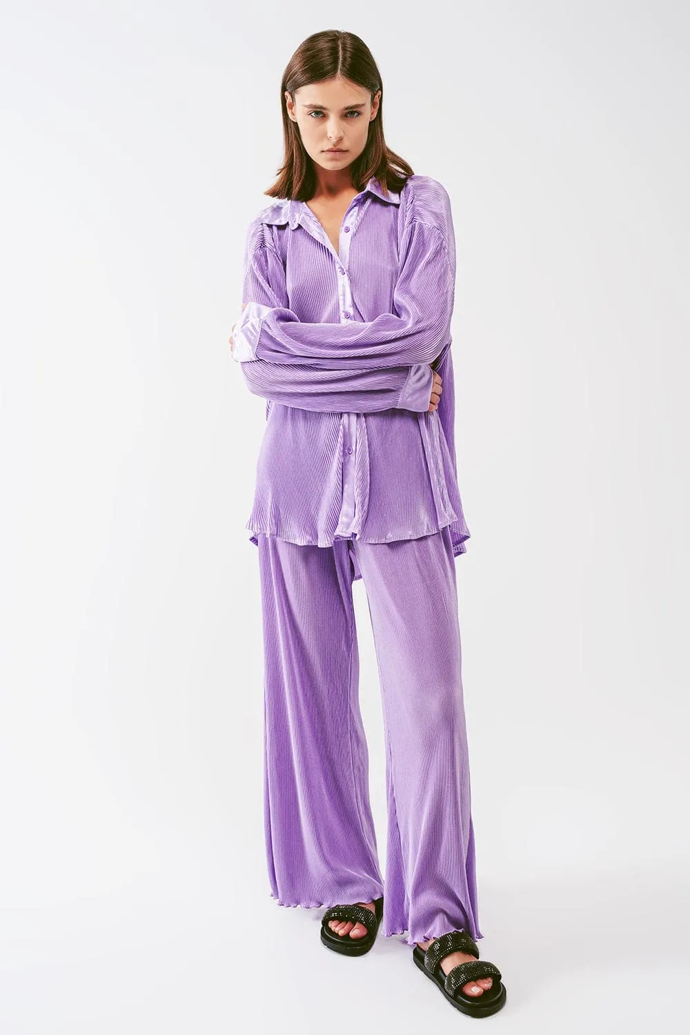 Satin Pleated Wide Leg Pants In Lilac