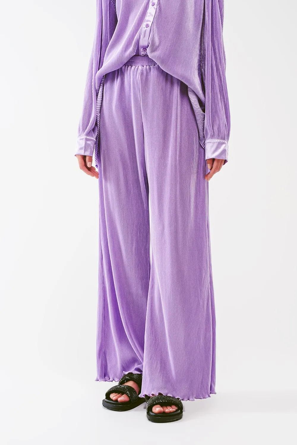 Satin Pleated Wide Leg Pants In Lilac