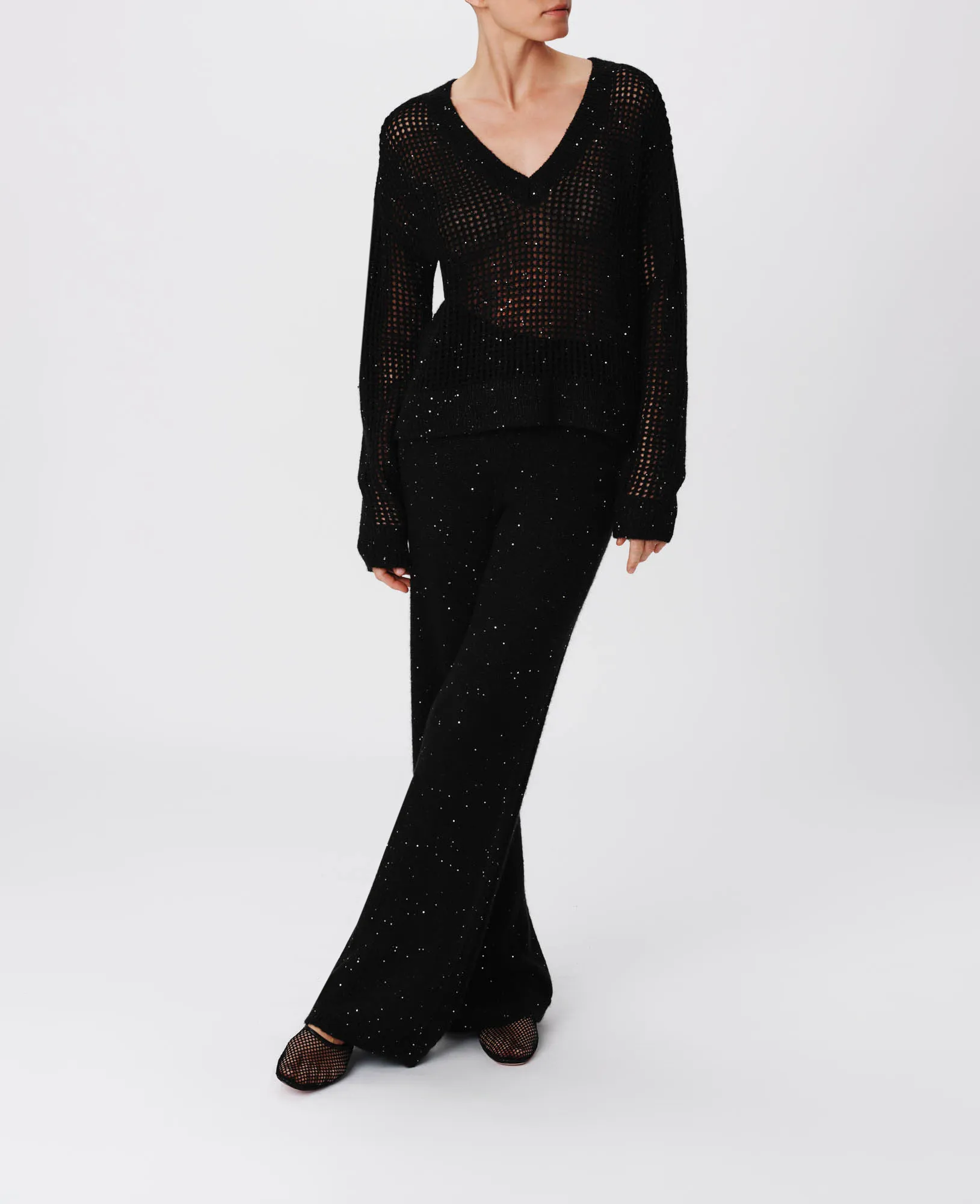 Sequin Wool Blend Net Stitch Sweater - Black