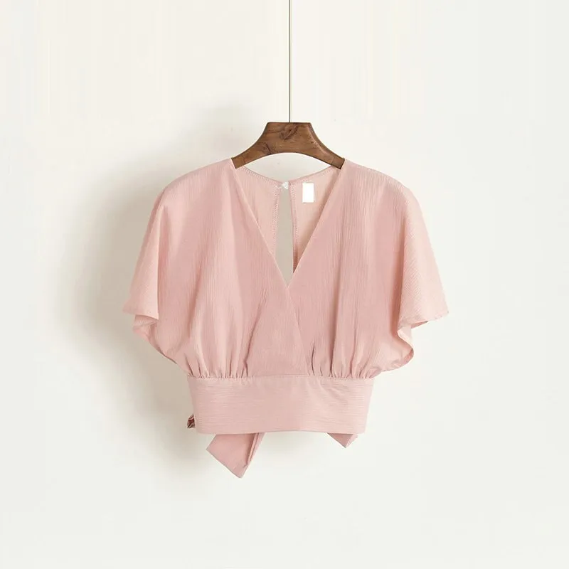 Summer Women V-Neck Batwing Sleeve Basic Bow Shirt Elegant Lace Up Bandage Short Slim High Waist Backless Pullover Blouse Tops