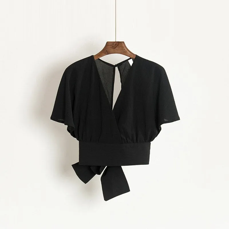Summer Women V-Neck Batwing Sleeve Basic Bow Shirt Elegant Lace Up Bandage Short Slim High Waist Backless Pullover Blouse Tops