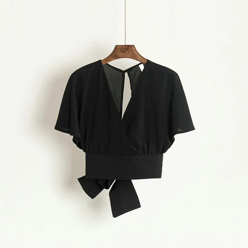 Summer Women V-Neck Batwing Sleeve Basic Bow Shirt Elegant Lace Up Bandage Short Slim High Waist Backless Pullover Blouse Tops