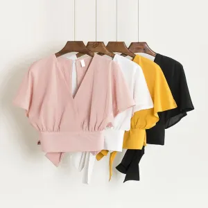 Summer Women V-Neck Batwing Sleeve Basic Bow Shirt Elegant Lace Up Bandage Short Slim High Waist Backless Pullover Blouse Tops