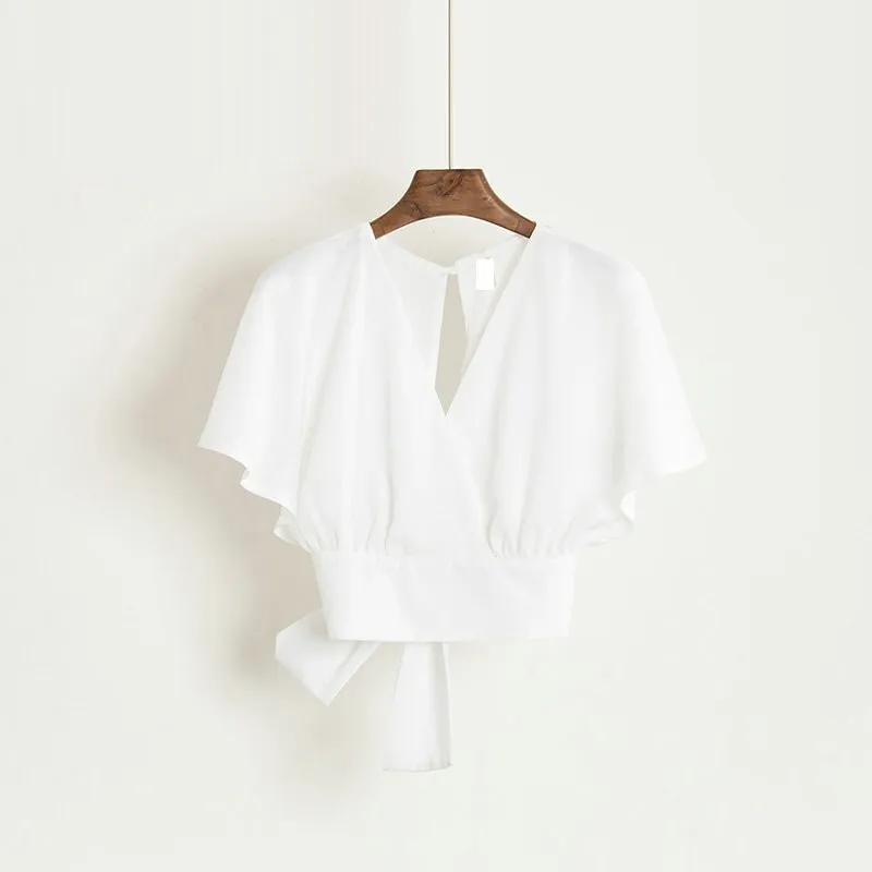 Summer Women V-Neck Batwing Sleeve Basic Bow Shirt Elegant Lace Up Bandage Short Slim High Waist Backless Pullover Blouse Tops