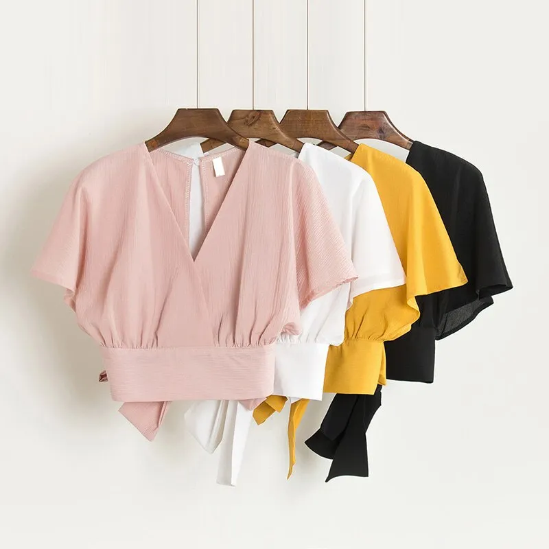 Summer Women V-Neck Batwing Sleeve Basic Bow Shirt Elegant Lace Up Bandage Short Slim High Waist Backless Pullover Blouse Tops