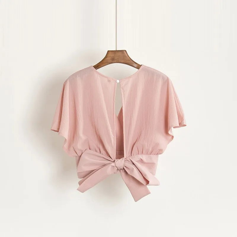 Summer Women V-Neck Batwing Sleeve Basic Bow Shirt Elegant Lace Up Bandage Short Slim High Waist Backless Pullover Blouse Tops