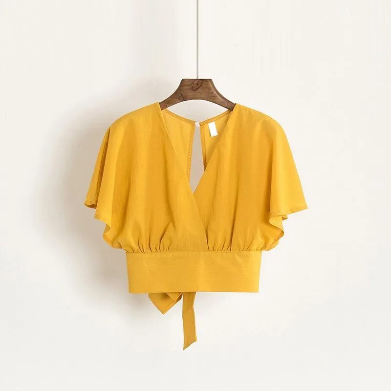 Summer Women V-Neck Batwing Sleeve Basic Bow Shirt Elegant Lace Up Bandage Short Slim High Waist Backless Pullover Blouse Tops