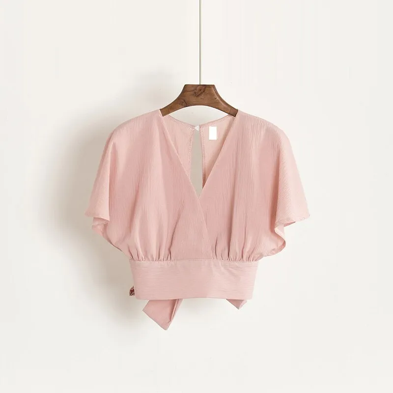 Summer Women V-Neck Batwing Sleeve Basic Bow Shirt Elegant Lace Up Bandage Short Slim High Waist Backless Pullover Blouse Tops